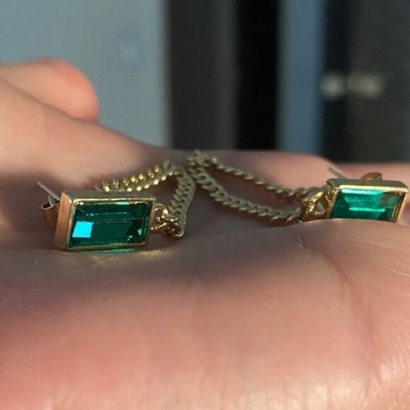 The Champion Square Emerald Crystal Gold Chain Dangle drop Earrings - Picture 11 of 11